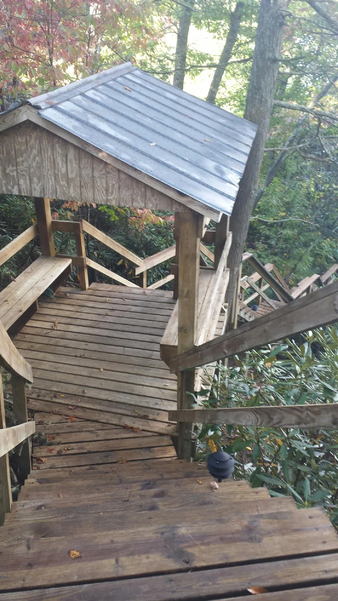 Metal roofed shelter over wooden steps on a wooded walkway — Skylight Repair & Installation work by our crew in Mc Clellandtown